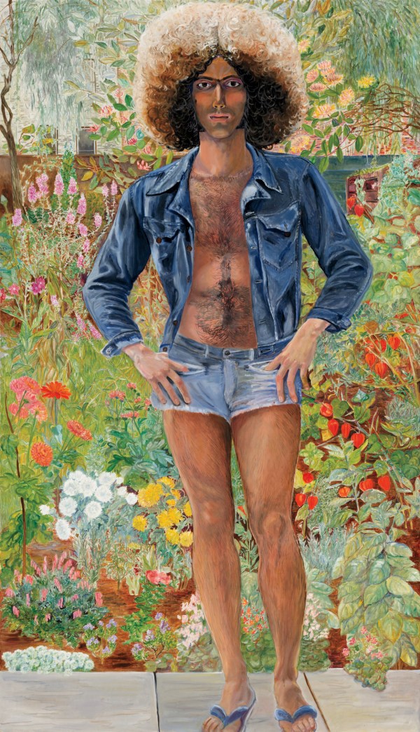 A figure with curly hair, wearing a denim jacket, shorts, and flip-flops, stands on tiles surrounded by a vibrant garden filled with colorful flowers.
