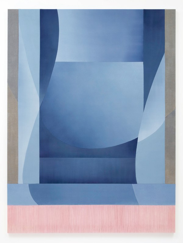 An abstract composition with layered geometric shapes in shades of blue and gray, with a horizontal pink textured band at the bottom.