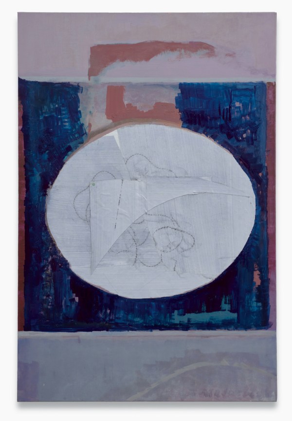 An abstract artwork featuring a large white oval with textured lines, surrounded by shades of blue, pink, and red with layered brush strokes.