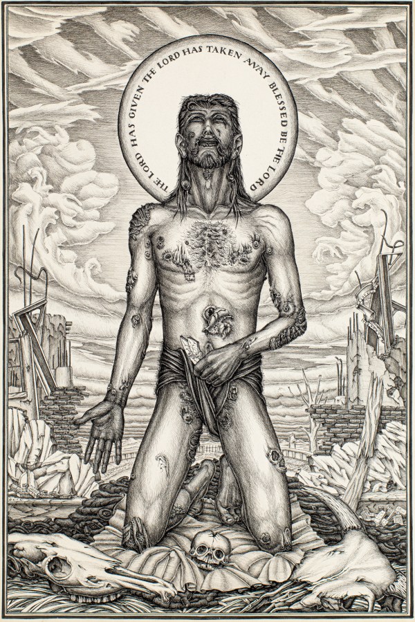 A detailed black-and-white illustration of a kneeling figure with scars and wounds, surrounded by ruins, bones, and clouds, with a halo inscribed with text.