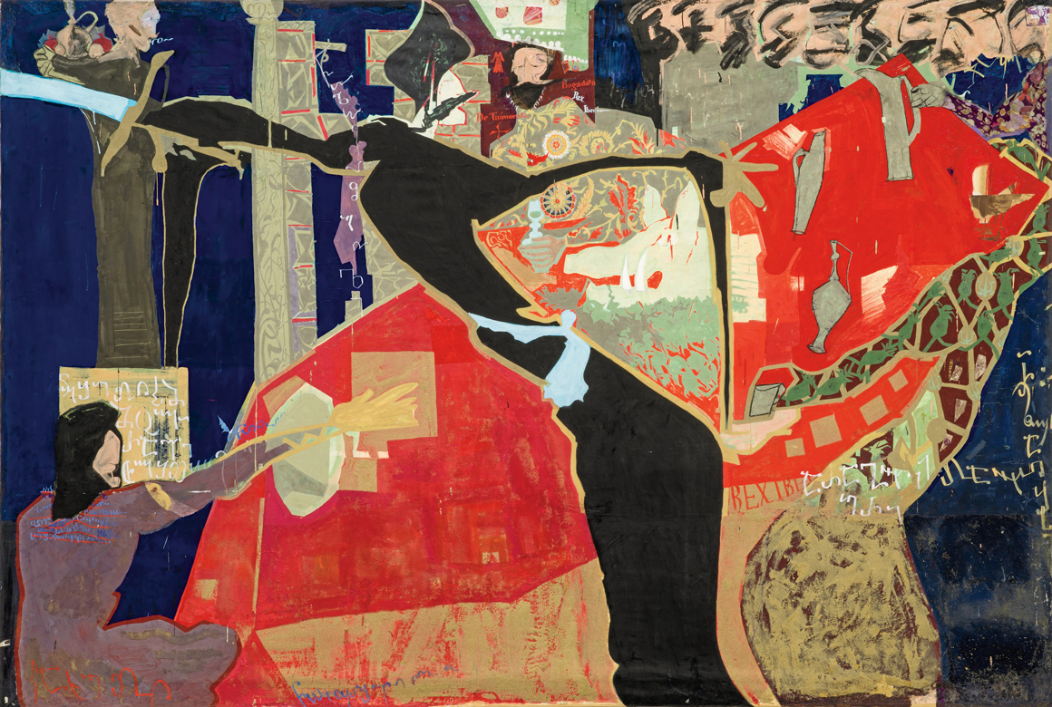 A vibrant, abstract composition with figures, text, and patterns in red, black, blue, and gold hues, depicting geometric shapes and ornate, layered elements.