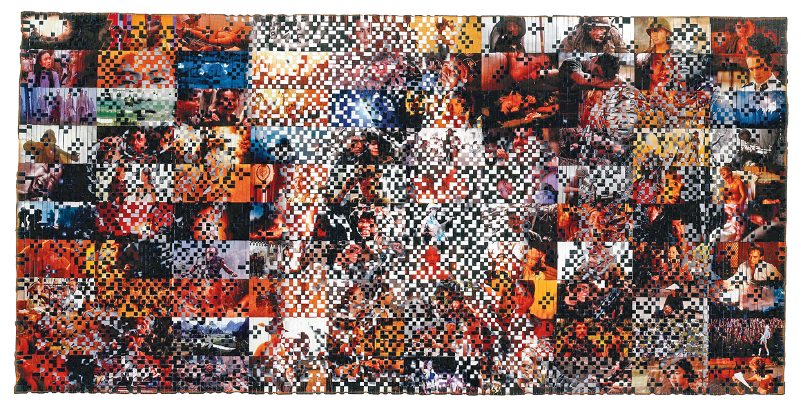 A collage of colorful, pixelated movie scenes and photographs arranged in a fragmented, checkered pattern with varied tones of orange, blue, and black.