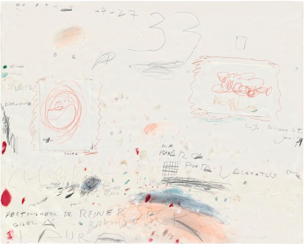 A white background with scattered pencil, crayon, and ink markings, smudges, abstract sketches, and handwritten text.