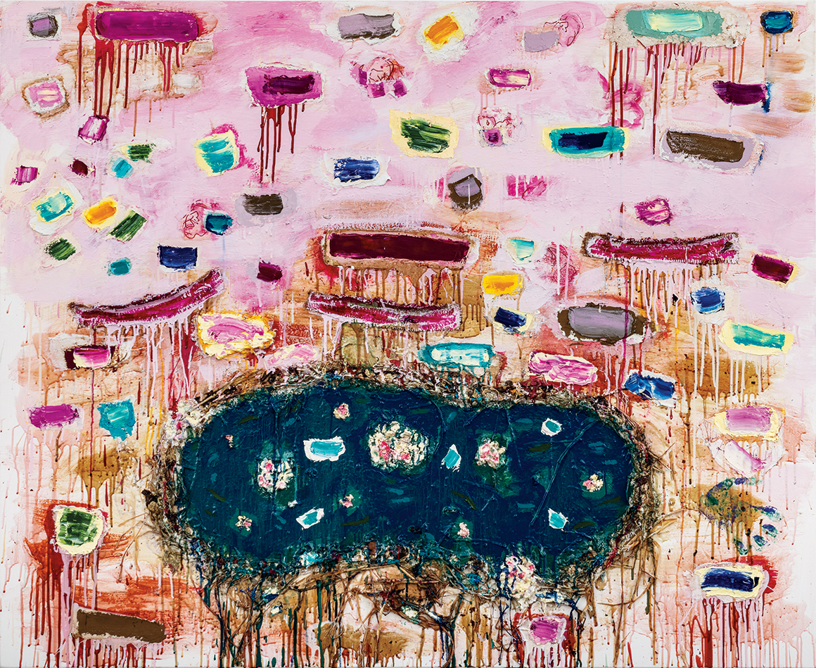 An abstract artwork with a pink background, colorful rectangular shapes dripping paint, and a central dark blue area with textured details and small spots.