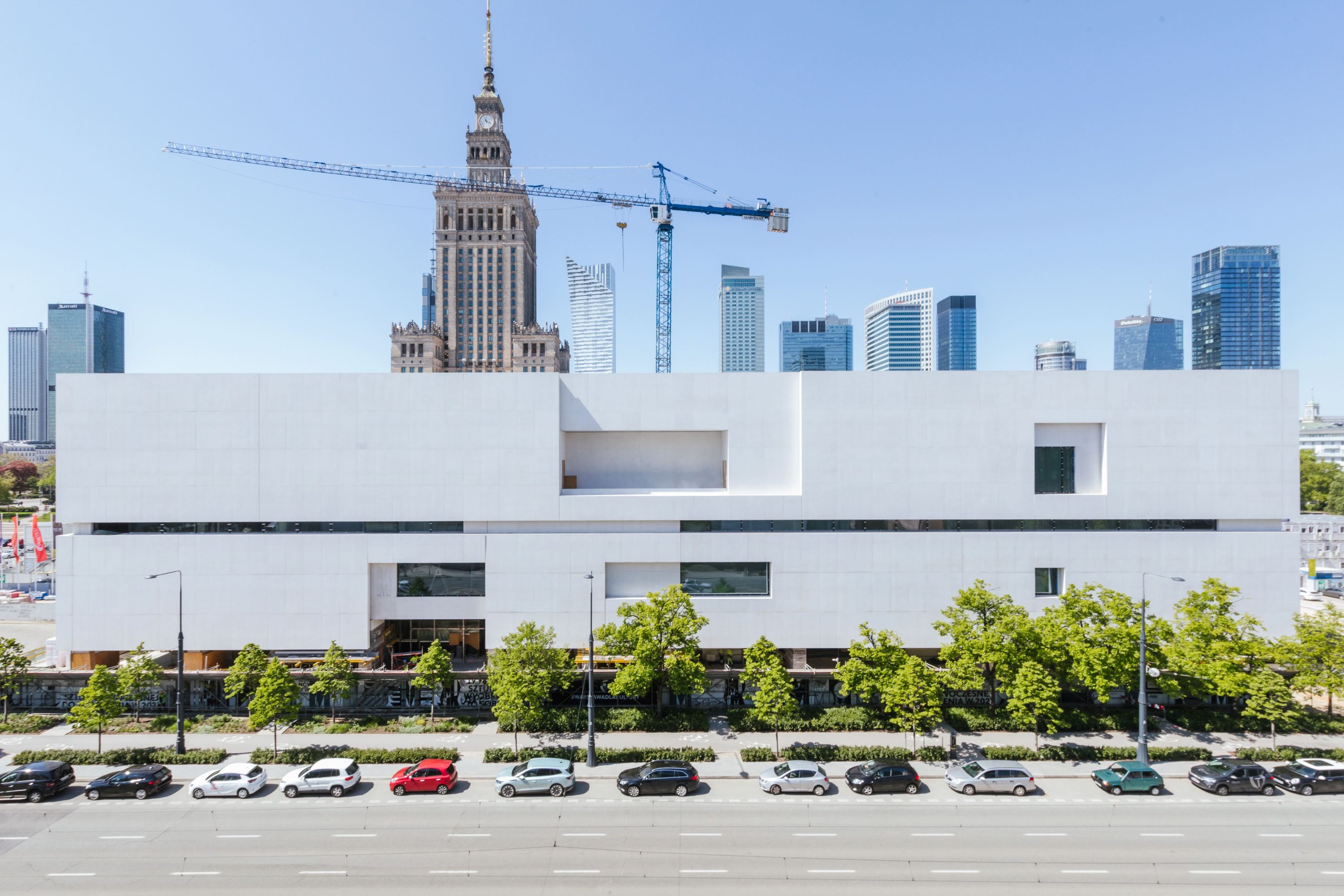 View of the Museum of Modern Art in Warsaw with the Palace of Culture and Science looming in the background