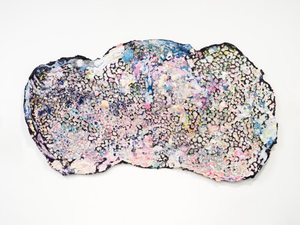 An irregularly shaped textured artwork with black honeycomb-like patterns, layered colorful paint, and pastel tones of pink, blue, white, and yellow.