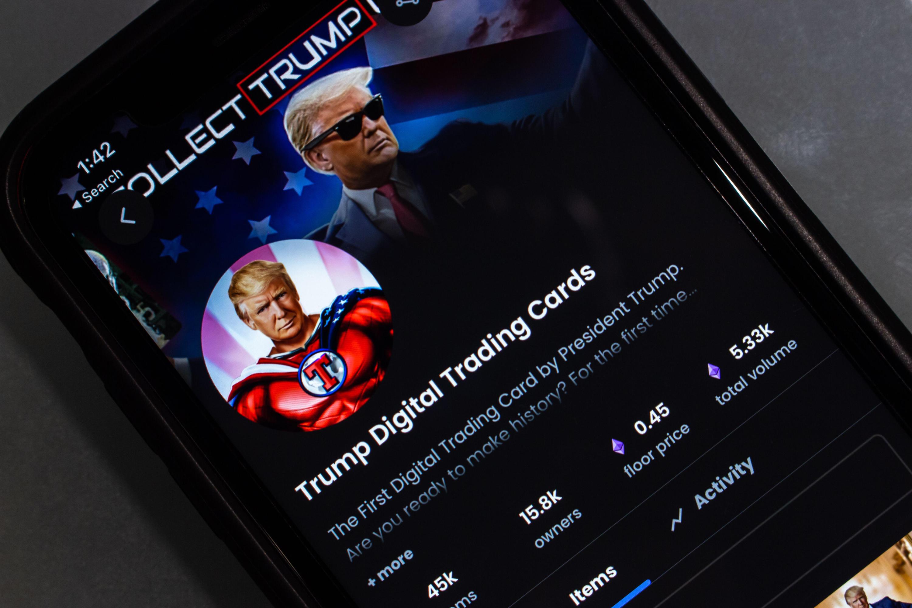 Trump Digital Trading Cards in OpenSea app seen in an iPhone.