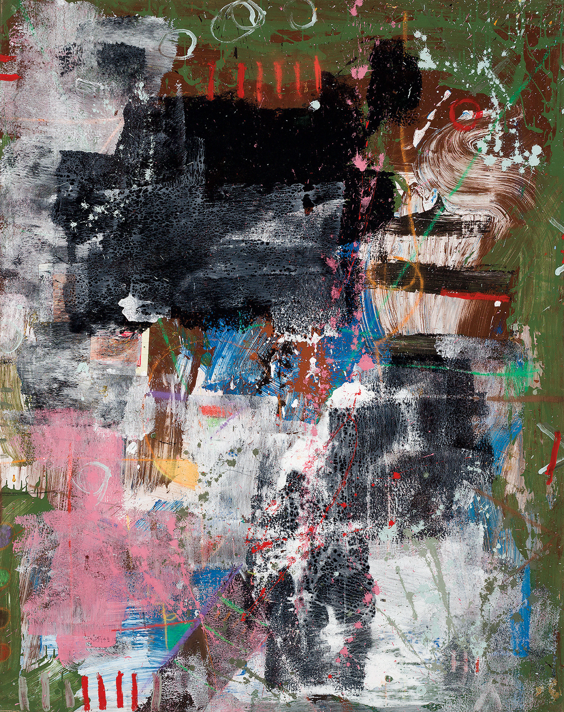 An abstract painting with layered textures, featuring green, pink, blue, black, and white areas, splashes, brushstrokes, and circular and linear patterns.