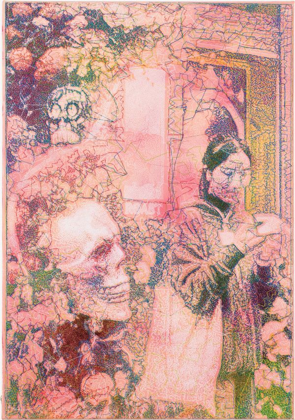 A colorful, abstract composition features a skull amid floral patterns and a figure wearing a jacket, set against a fragmented pink, green, and yellow background.