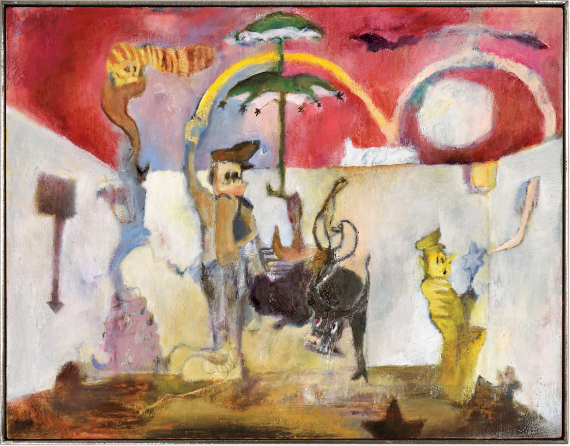 A painting with abstract figures, including a bull, a cowboy, colorful shapes, and a rainbow-like arch under a red sky, blending various elements.