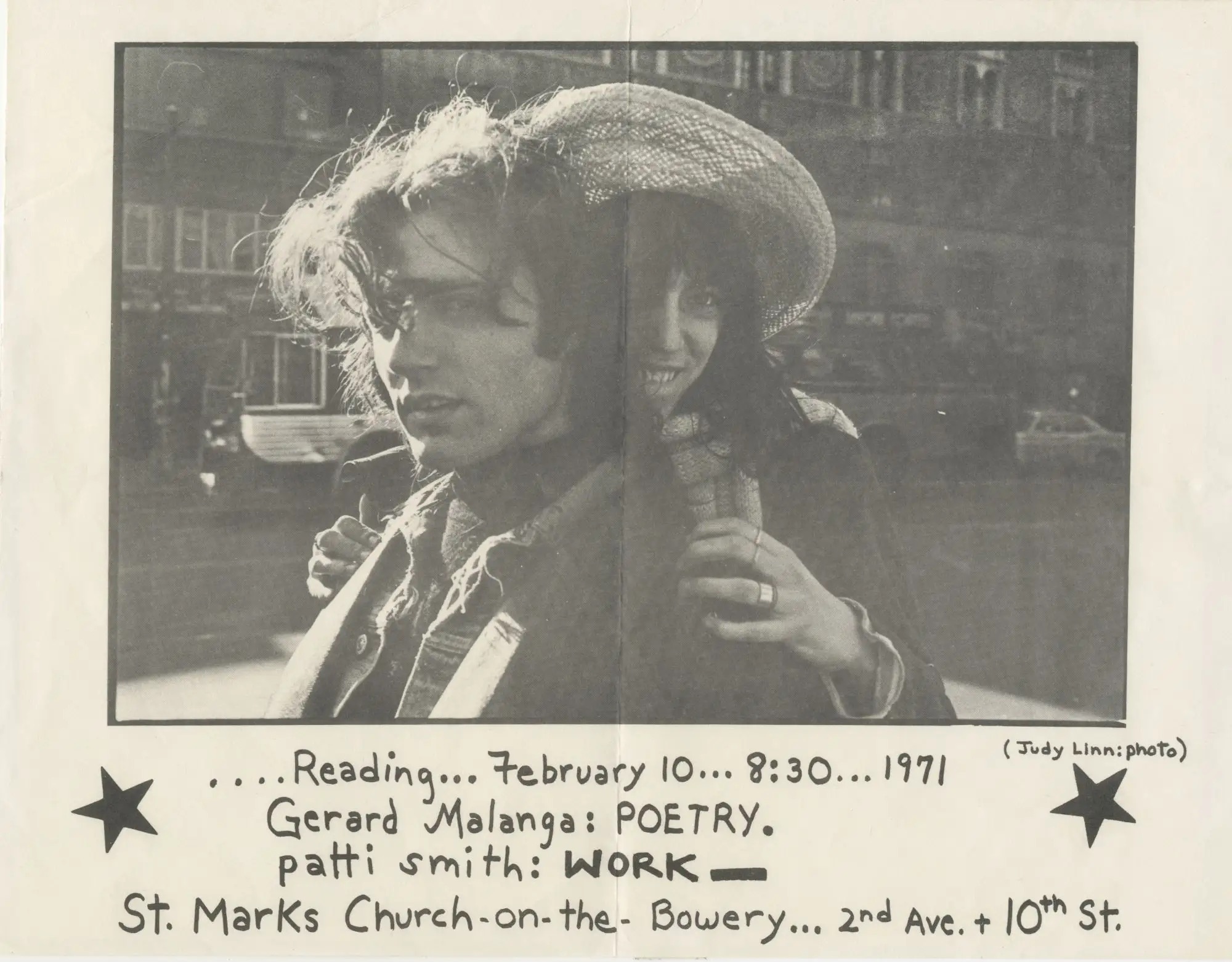 Flyer for Patti Smith’s first poetry reading, opening for Gerard Malanga at the Poetry Project, New York, 1971.