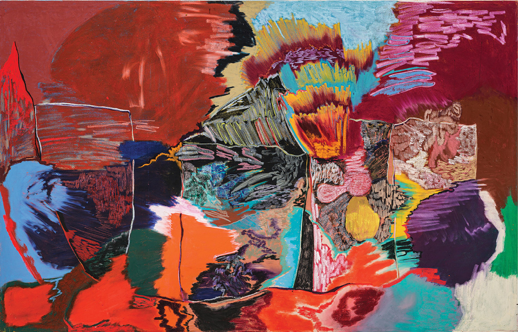 Rachel Jones, SMIIILLLLEEEE, 2021, oil pastel and oil stick on canvas, 63 × 98 3⁄8".