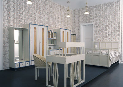 View of “Josef Hoffmann: Interiors, 1902–1913,” 2006, Neue Galerie, New York. Re-creation of Biach bedroom, 1904. Photo: John Gilliland.