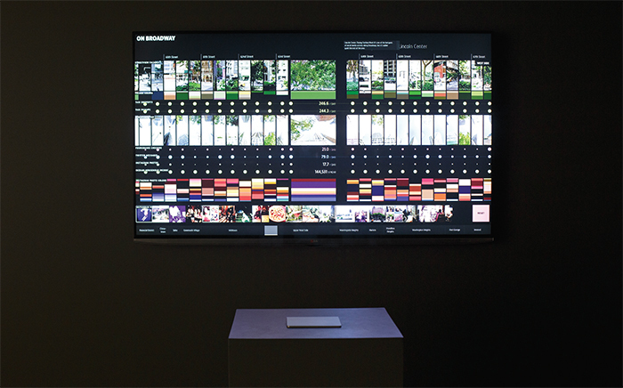 Dominikus Baur, Daniel Goddemeyer, Lev Manovich, and Moritz Stefaner, On Broadway, 2014, mixed media. Installation view, Kim? Contemporary Art Centre, Riga, Latvia, 2015.