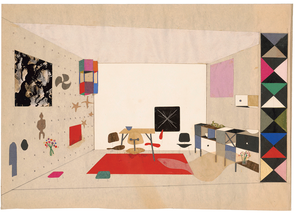 Ray Eames, study for “An Exhibition for Modern Living,” 1949, graphite, paper, and photocollage on paper, 8 1/4 × 11 3/4". © Eames Office, LLC.