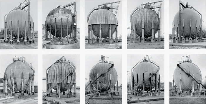 Bernd and Hilla Becher, Gas Tanks, 1983–1992 (detail), 2005, fifteen gelatin silver prints, overall 68 1/4 × 94 1/4".