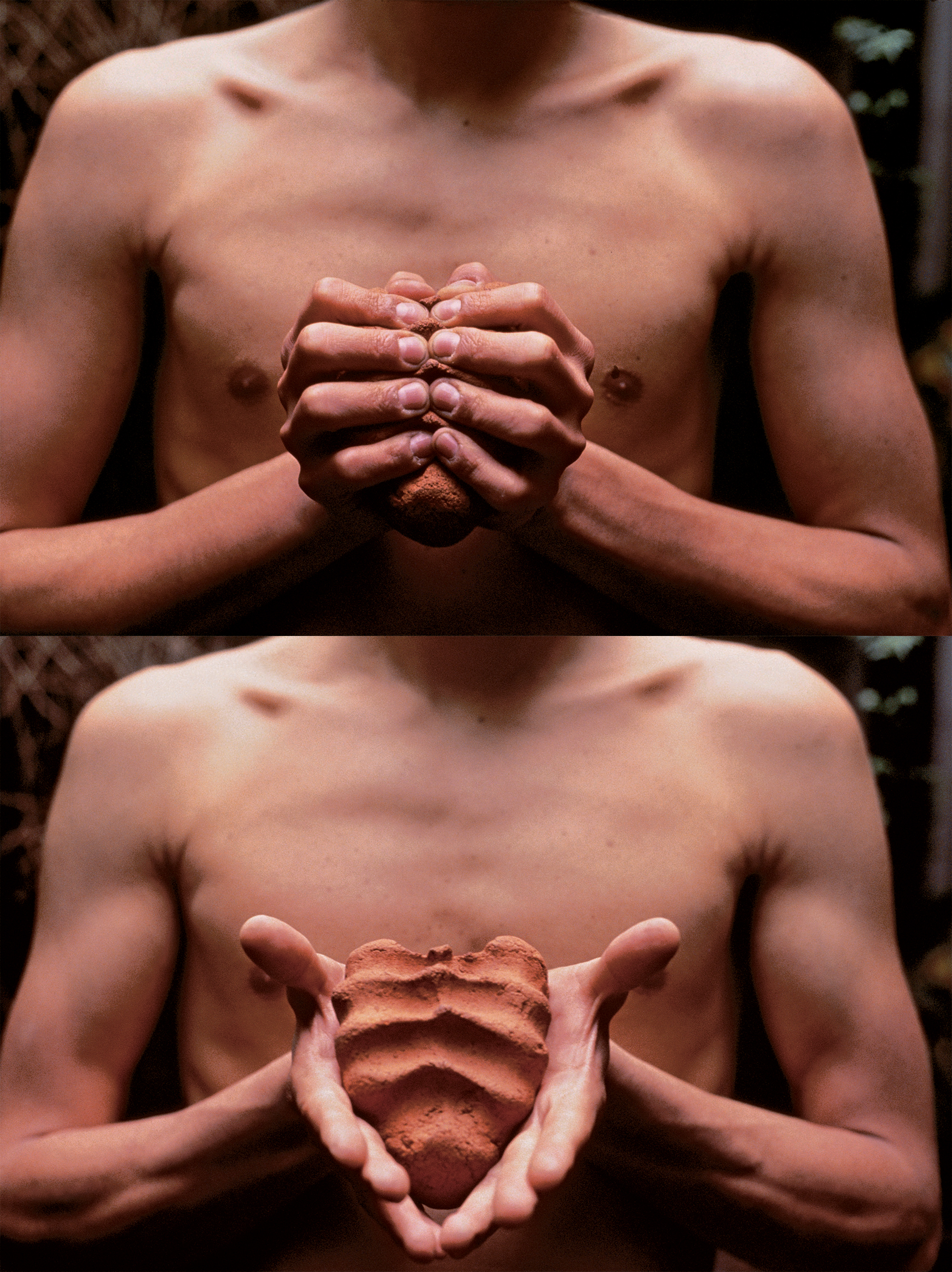 Gabriel Orozco, Mis manos son mi corazón (My Hands Are My Heart), 1991, diptych, two Cibachrome prints, each 9 1⁄8 × 12 1⁄4". A shirtless figure holds a clay object in both hands, first tightly clasped, then displayed openly, revealing its heart-like shape and textured surface.