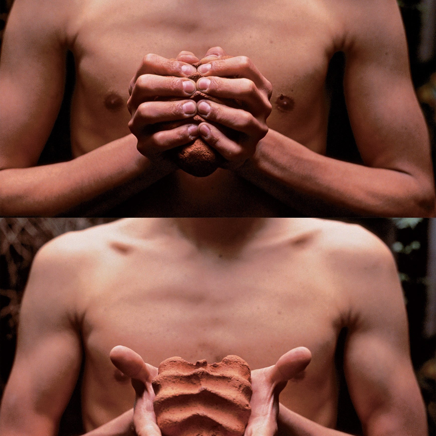 Gabriel Orozco, Mis manos son mi corazón (My Hands Are My Heart), 1991, diptych, two Cibachrome prints, each 9 1⁄8 × 12 1⁄4". A shirtless figure holds a clay object in both hands, first tightly clasped, then displayed openly, revealing its heart-like shape and textured surface.