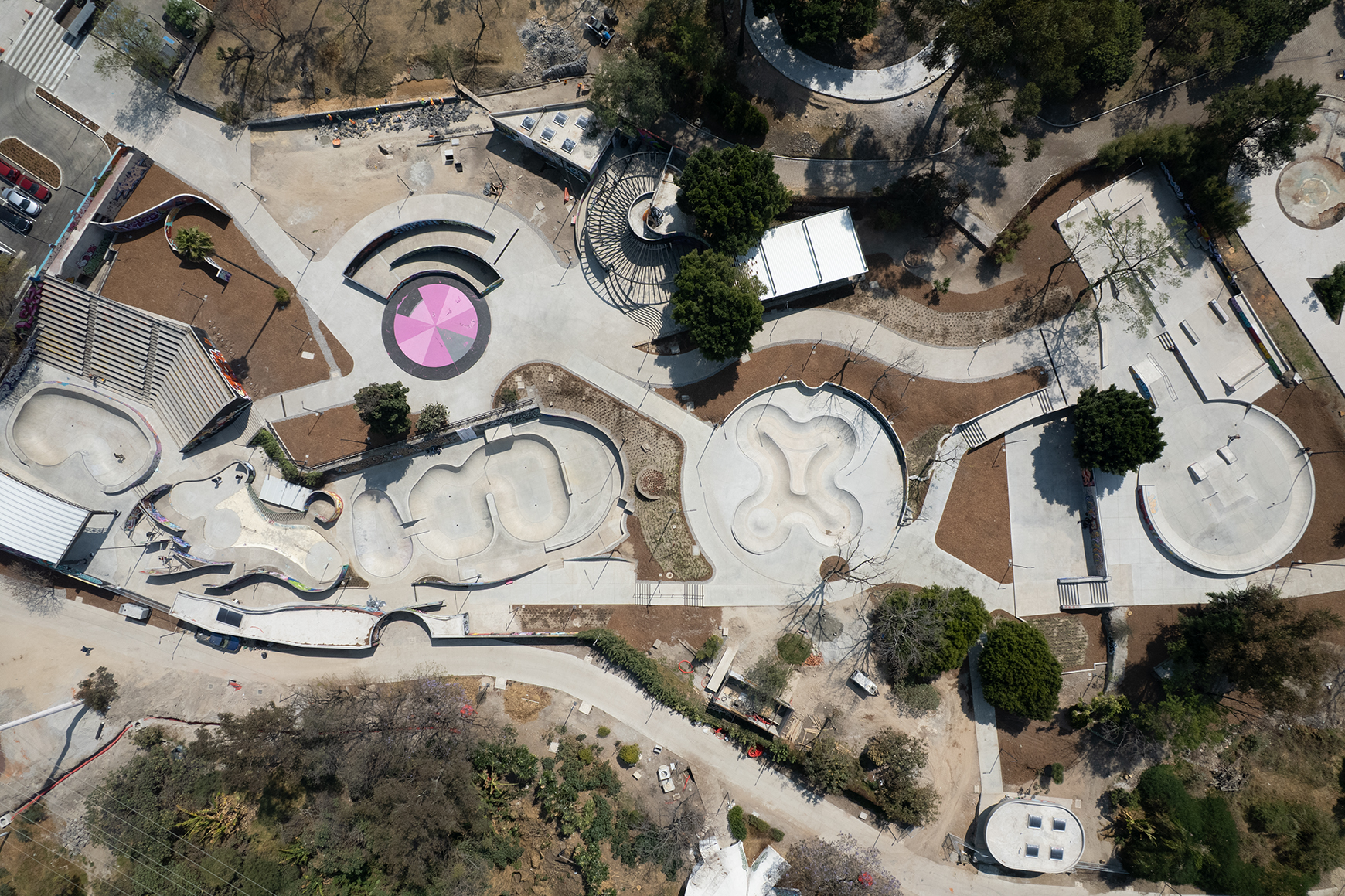 Aerial view of Gabriel Orozco’s Parque de Cultura Urbana (PARCUR), Chapultepec Forest, Mexico City, 2023.
