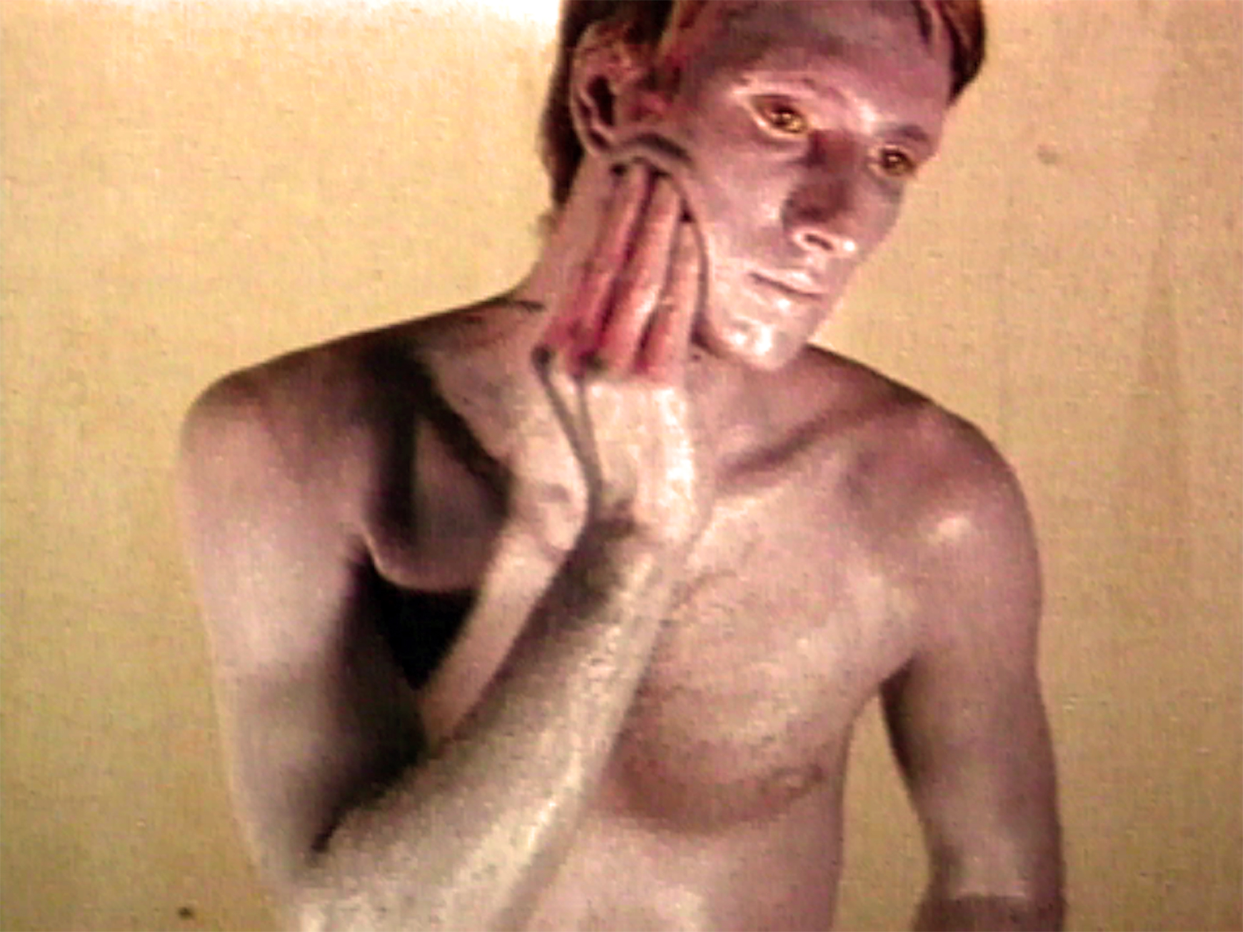 Bruce Nauman, Art Make-Up: No. 2: Pink White, No. 2 Pink, 1967–68, 16 mm transferred to video, color, sound, 40 minutes. © Bruce Nauman/Artists Rights Society (ARS), New York.