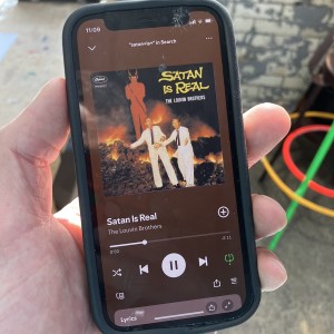 Alex Da Corte’s Spotify set on repeat to the Louvin Brothers’ 1959 “Satan Is Real,” March 2025. Photo: Alex Da Corte.