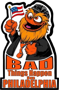 Decal of the Philadelphia mascott Gritty with the words “Bad Things Happen in Philadelphia” at the bottom on orange.