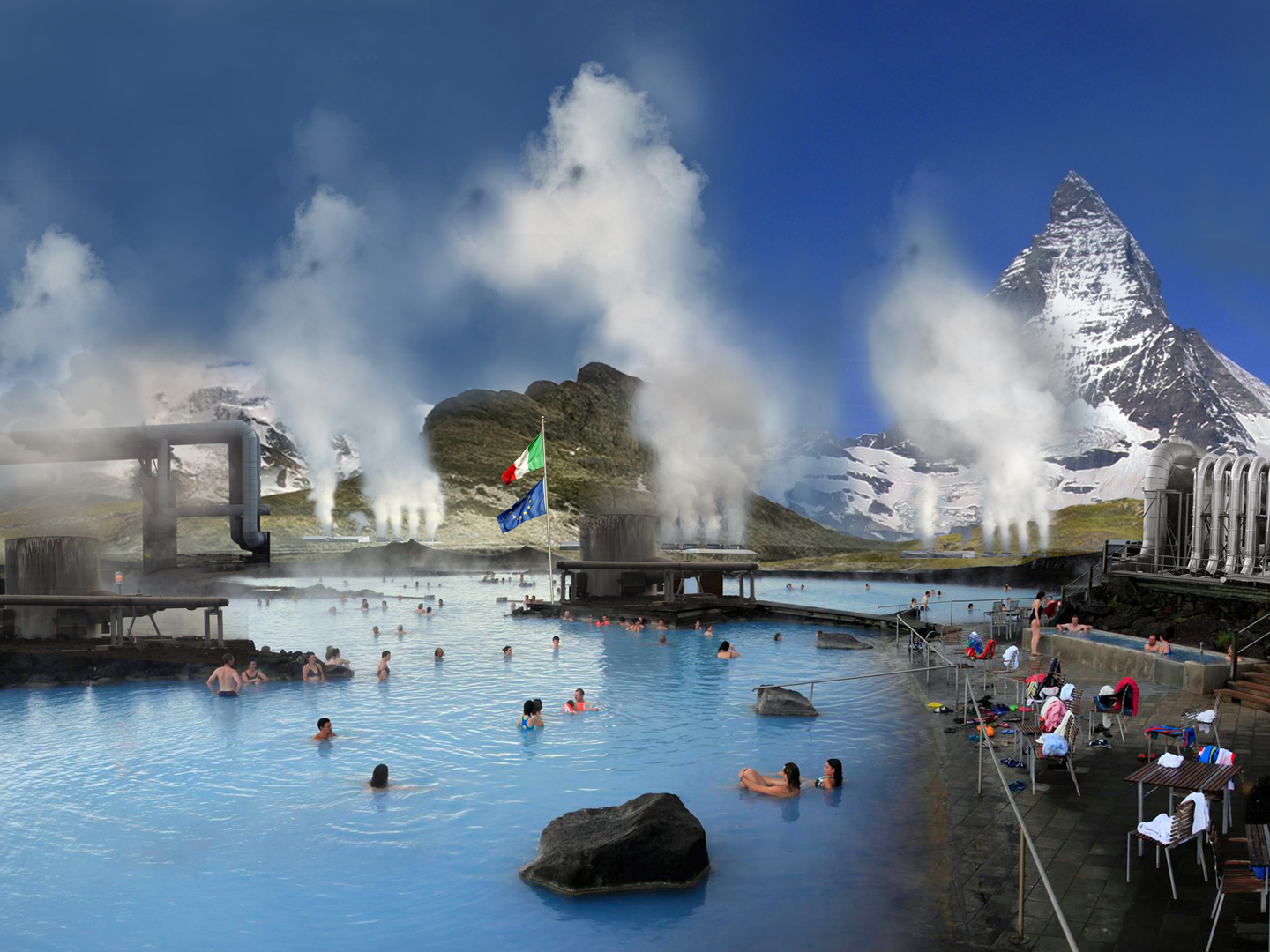 Rendering of “Enhanced Geothermalia” from OMA’s Roadmap 2050: A Practical Guide to a Prosperous, Low-Carbon Europe, 2010. In the rendering, people swim in a large geothermal pool surrounded by rocky terrain, steam vents, industrial structures, and a snowy mountain in the background.