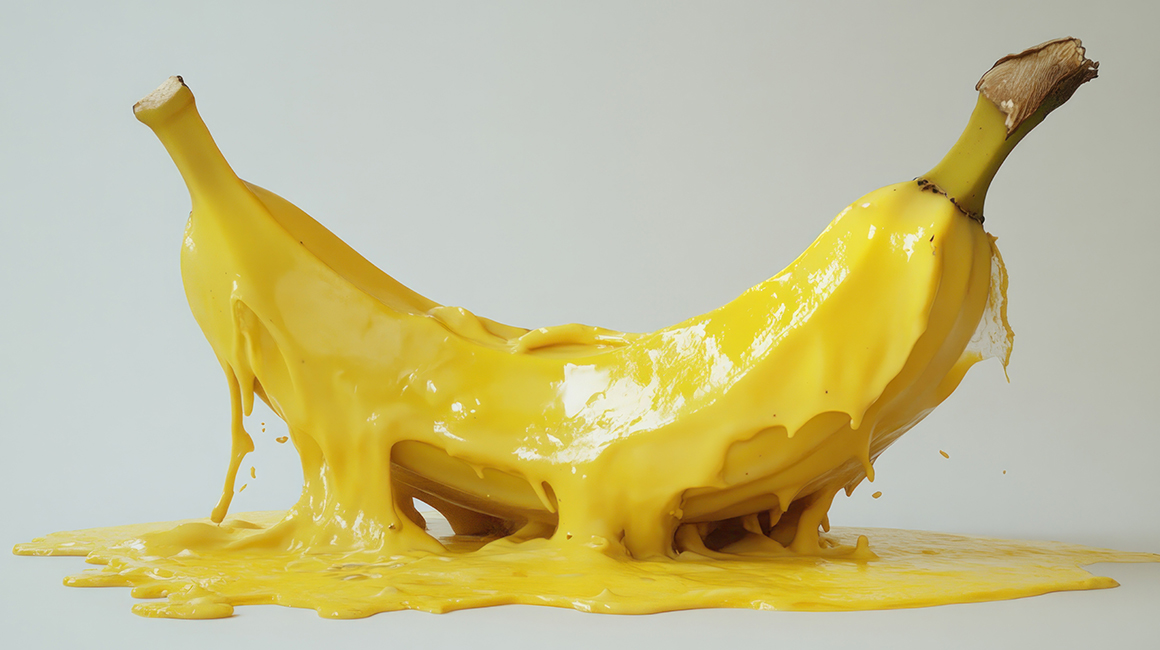 AI-generated image of a melting banana against a white backdrop, date unknown. Photo: Freepix.