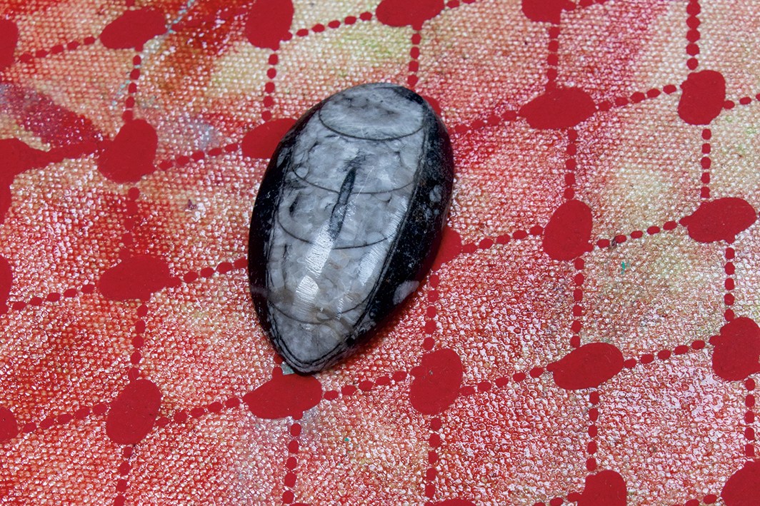 Mandy El-Sayegh’s onyx cockroach totem on a work in progress by the artist, 2024.