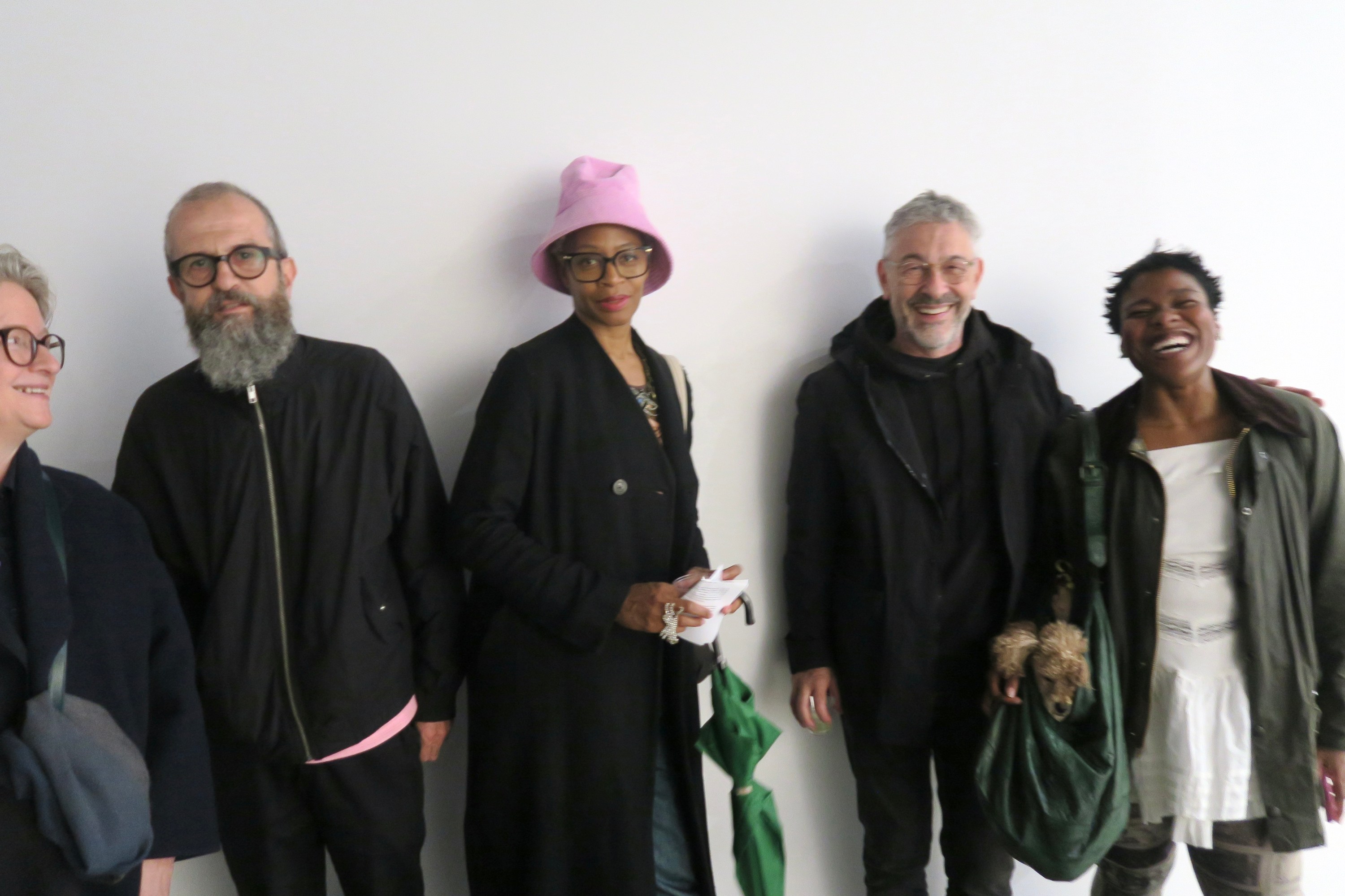 Group photo of dealer Esther Schipper and artists Ari Marcopoulos, Kara Walker, Pierre Huyghe, and Precious Okoyomon.