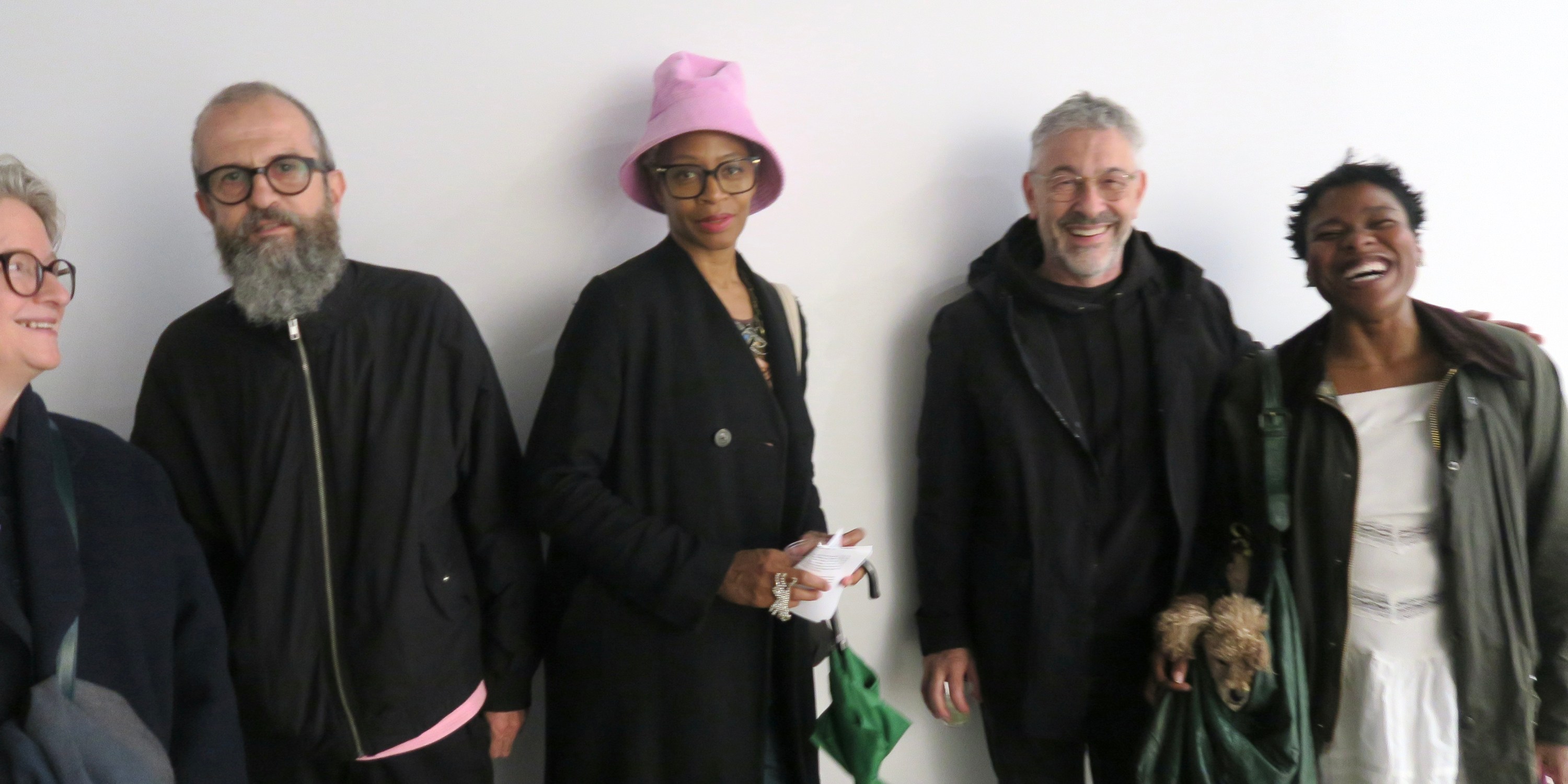Group photo of dealer Esther Schipper and artists Ari Marcopoulos, Kara Walker, Pierre Huyghe, and Precious Okoyomon.