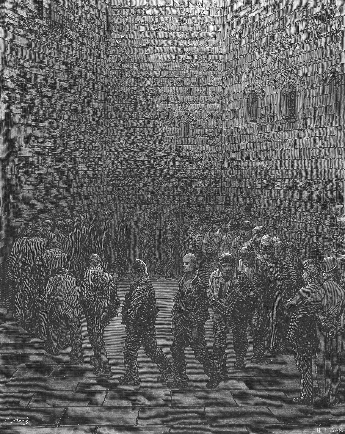 Black and white illustration depicting a group of prisoners in tattered clothing, lined up and shackled, marching in a circular formation inside a stone-walled courtyard. They are overseen by guards in uniforms.
