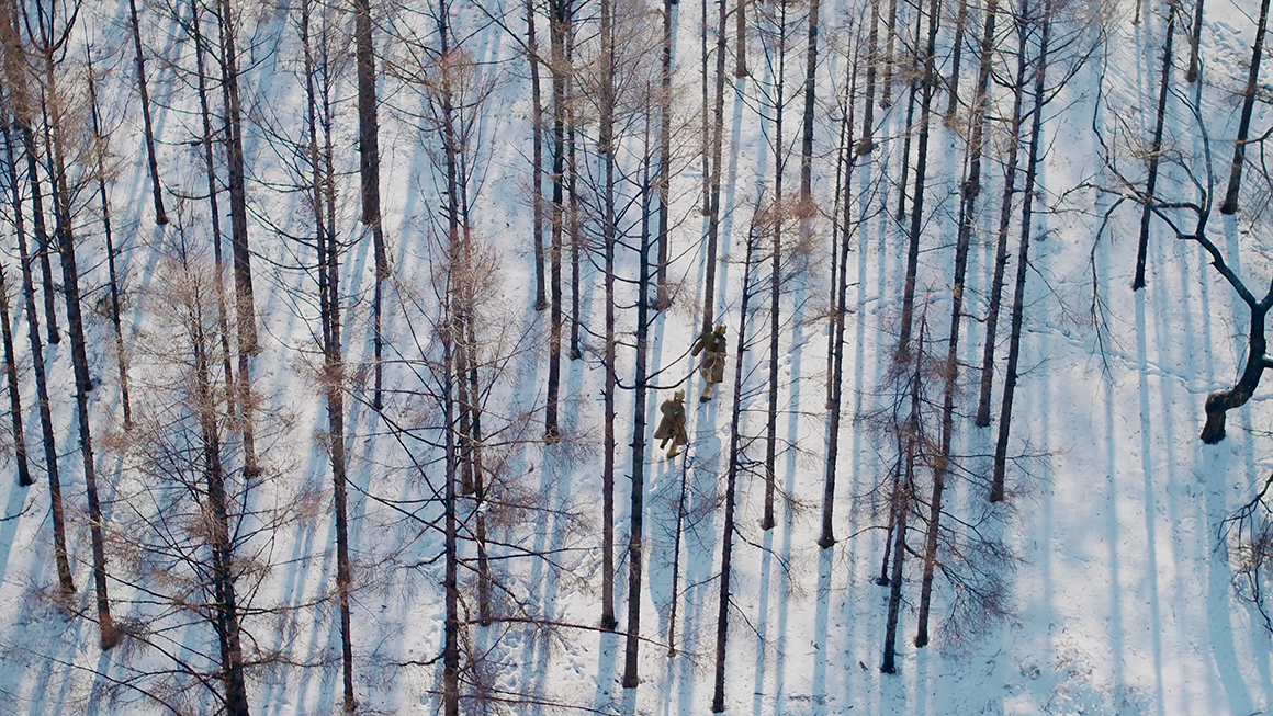 Aerial view of a snowy forest with tall, thin trees casting long shadows. Two people in winter clothing and backpacks are walking between the trees, leaving a trail of footprints in the snow.
