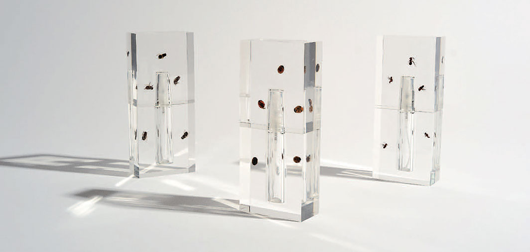 Anicka Yi’s Biography fragrances, 2019. From left: Radical Hopelessness, Shigenobu Twilight, Beyond Skin.