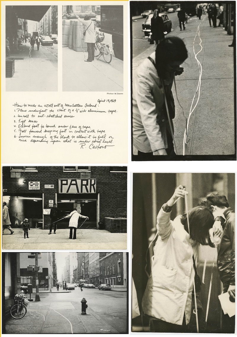 Black-and-white photographs documenting Rosemarie Castoro’s Atoll performance from the “Streetworks II” series, 1969.