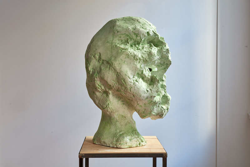Wanda Czelkowska, Head, 1972, plaster, wood, pencil, 28 x 18 x 18”.