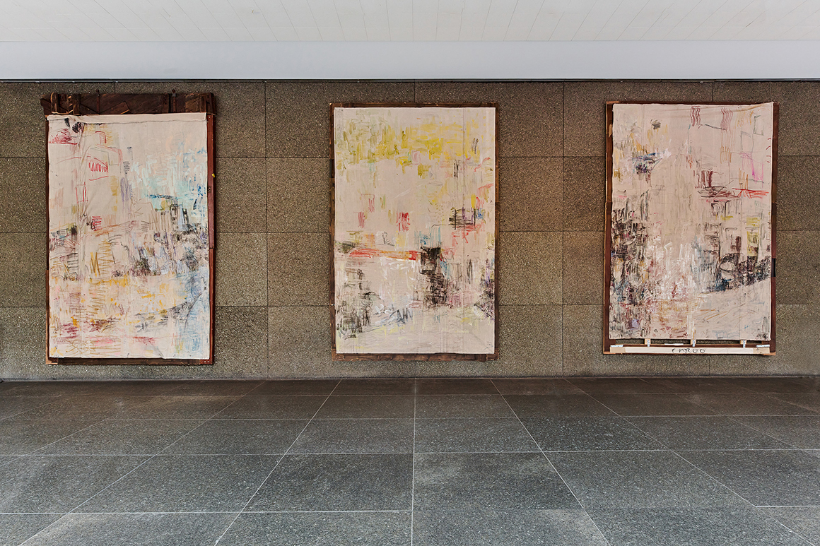 View of the 58th Carnegie International, 2022–23, Carnegie Museum of Art, Pittsburgh. From left: Andy Robert, Cargo (1), 2022; Andy Robert, Cargo (2), 2022; Andy Robert, Cargo (3), 2022.