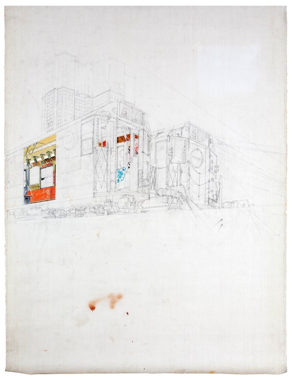 Lee Quiñones, Breakfast at Baychester, ca. 1980, pencil and acrylic on canvas, 71 1/2 x 52 1/2". From “Above Ground: Art from the Martin Wong Graffiti Collection.”