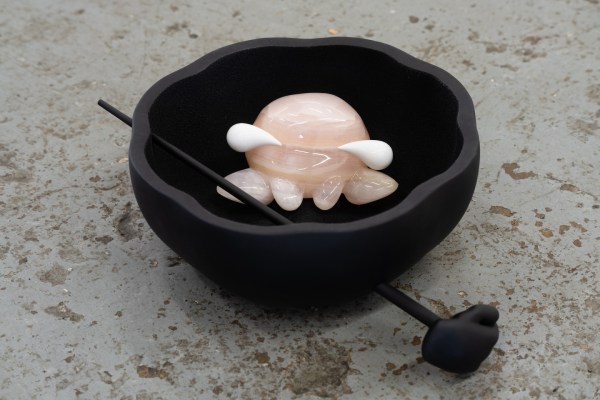 Huidi Xiang, maxim tomato: a soft landing, 2025, stainless steel, pink onyx, resin, 14 1/8 x 14 7/8 x 5 1/4".