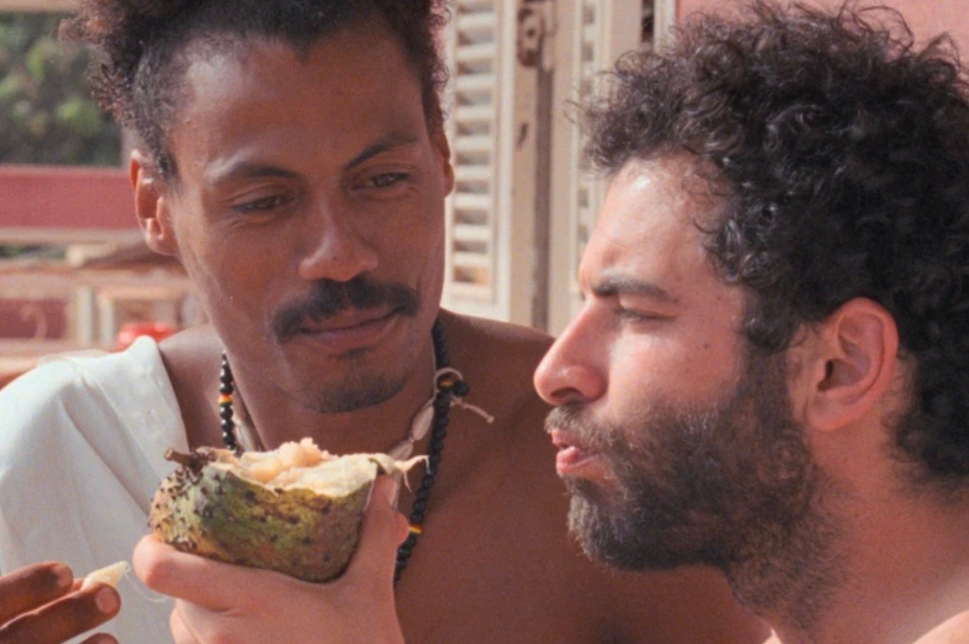 Two people are holding and eating from a halved fruit, with a pink balcony railing, trees, and shutters visible in the background.