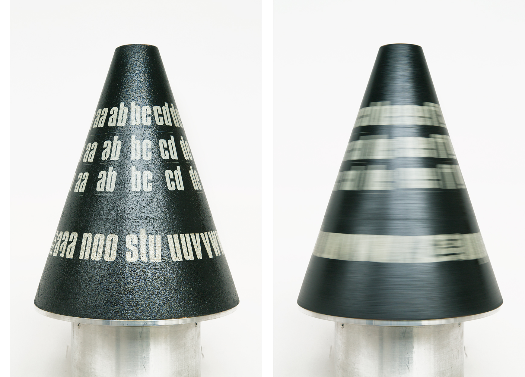 Liliane Lijn, ABC Cone, 1965, Letraset on painted cork cone, motorized turntable, 16 × 9 1⁄2 × 9 1⁄2".