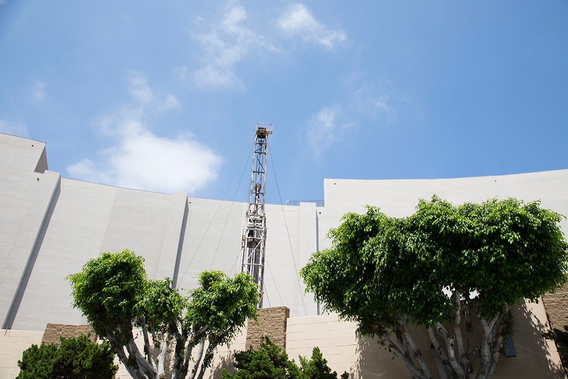 Oil rig behind the Beverly Center, Los Angeles, September 23, 2014. Photo: Sarah Craig/Faces of Fracking.