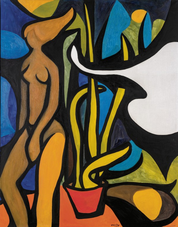 Abstract composition featuring a brown human figure, yellow plant-like forms in a red pot, with bold blue, green, black, and white geometric shapes.