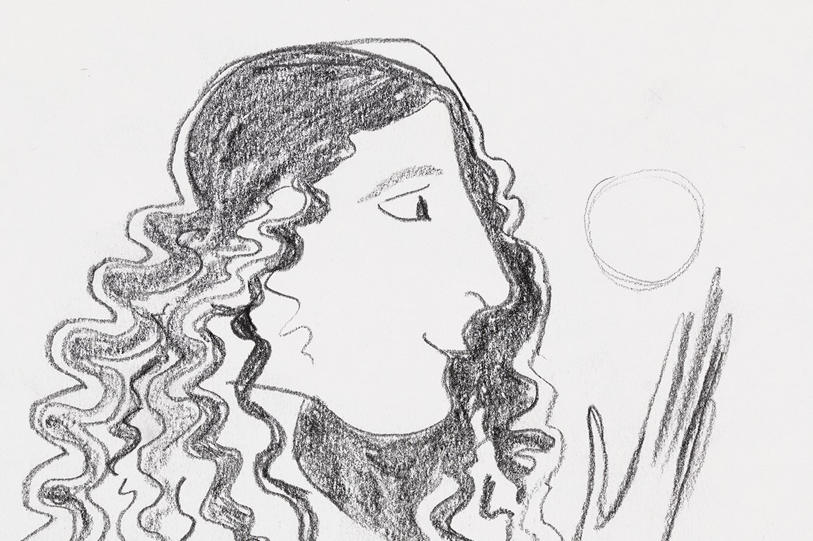 A sketch of a figure with wavy hair and an extended arm holding a circular object, with text reading "The Origin of the Caehnids" and "2021."