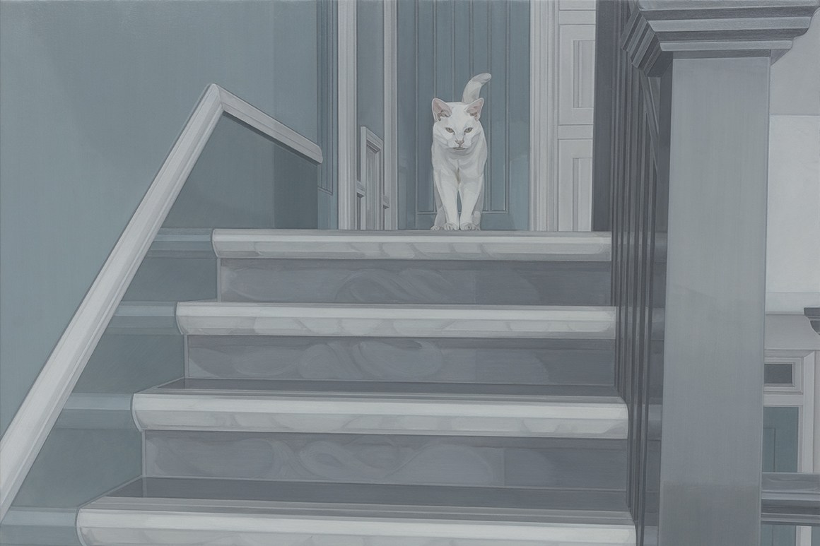A white cat stands at the top of a staircase with gray marble-patterned steps, surrounded by muted blue walls and a gray railing.