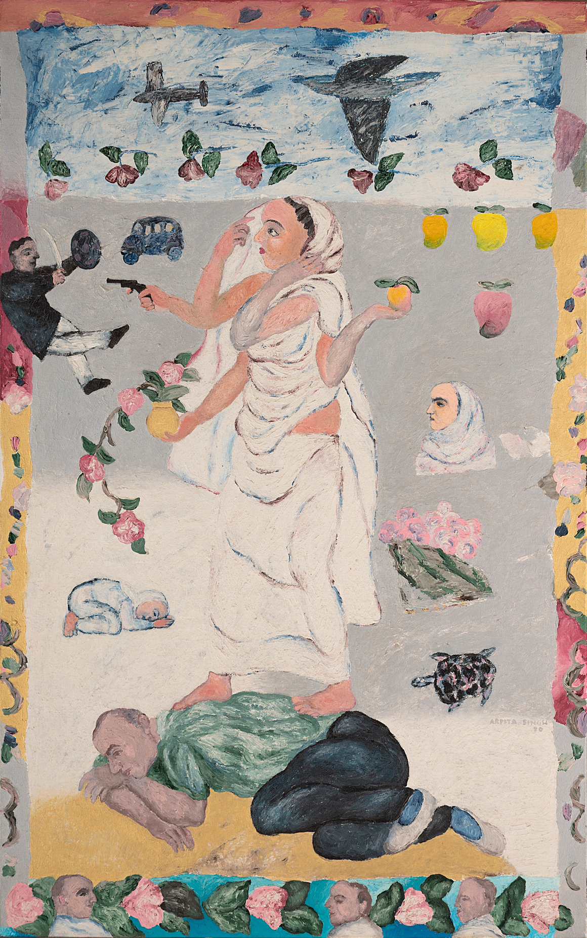 Arpita Singh, Devi Pistol Wali, 1990, acrylic and oil on canvas, 48 1⁄4 × 30 1⁄8".