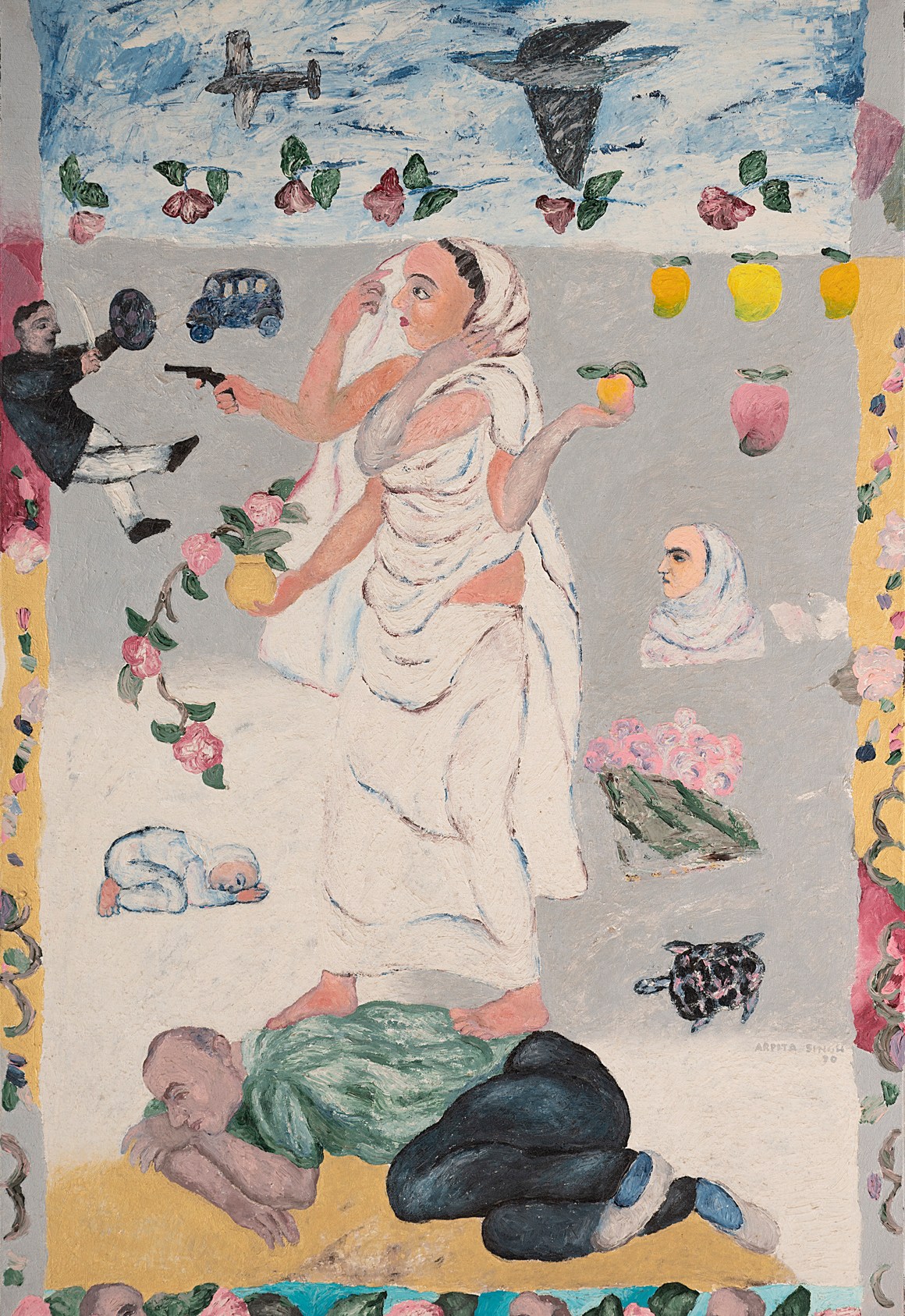 Arpita Singh, Devi Pistol Wali, 1990, acrylic and oil on canvas, 48 1⁄4 × 30 1⁄8".