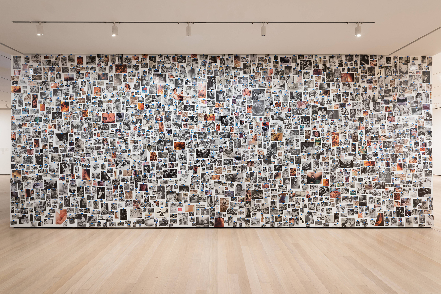 Carmen Winant, My Birth, 2018, 3,059 found paper and photographic prints, painter’s tape. Installation view, Museum of Modern Art, New York. Photo: Martin Seck.
