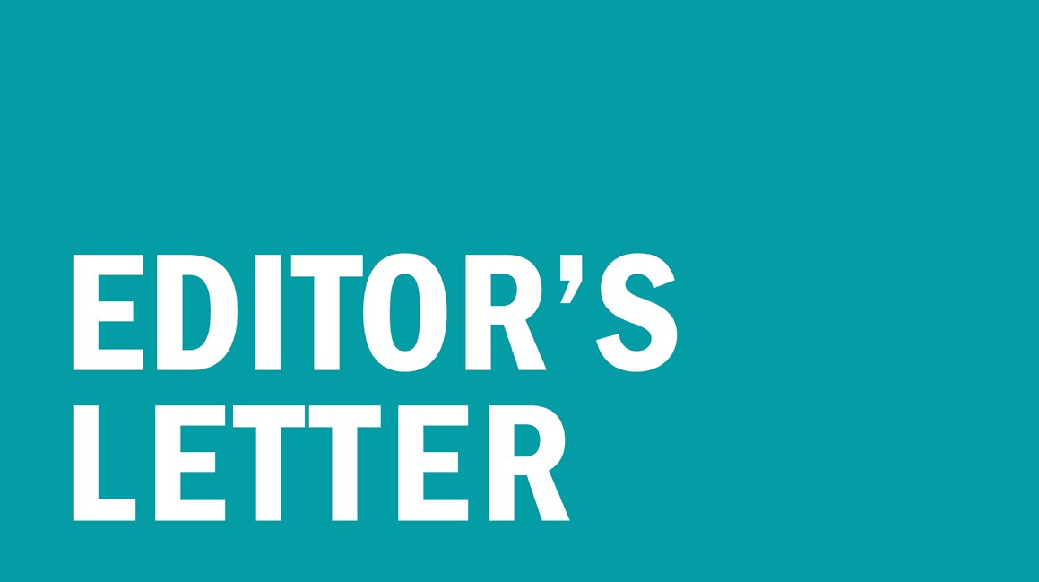 Teal square with the words "EDITOR'S LETTER" in white on the bottom, justified left.