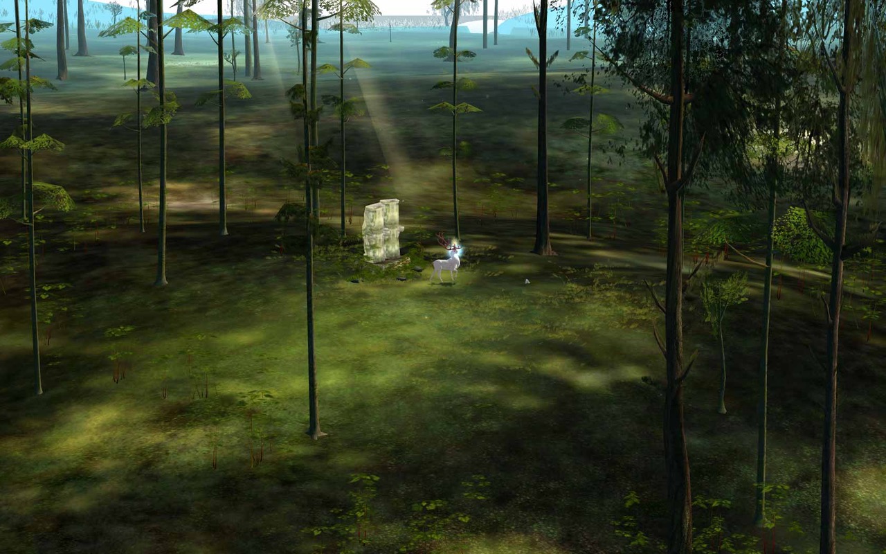 A video game forest scene with scattered trees, sunlight beams, a glowing white deer near a stone structure, and a mix of grass and shadows on the ground.